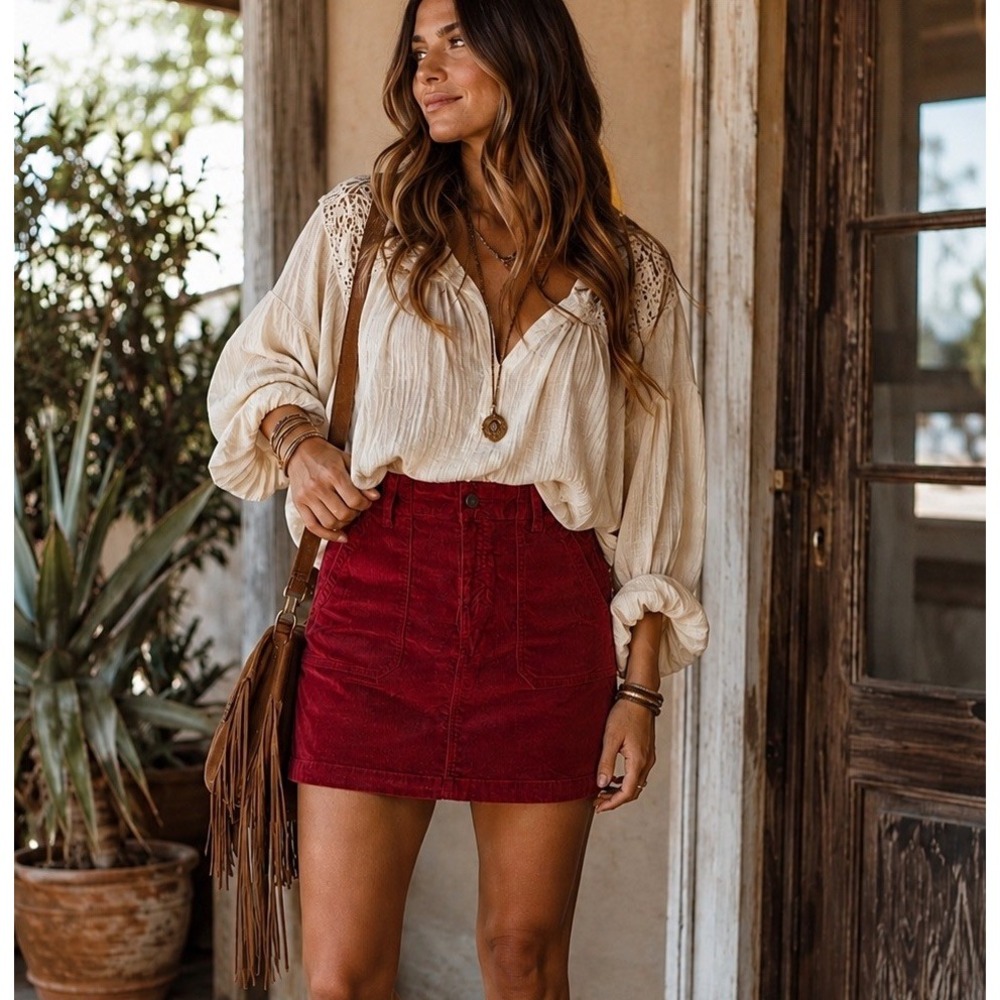 Old Navy Corduroy Mini Skirt Size 4 Burgundy Red Cargo Pockets Preppy Hipster